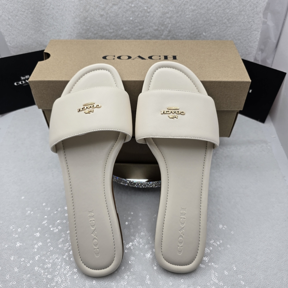 Coach Leather Slide Slip-on Sandle Elegant Silhouette Women's 10 Color Chalk - Picture 2 of 9
